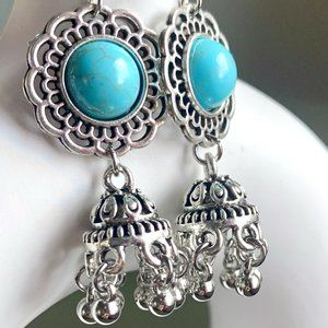 Ornate Flower 'Turquoise' Bead Bell Shape Dangle Silver Balls Earrings New